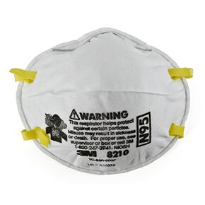 white 3M disposable N95 mask with yellow bands