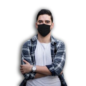 A white man with black hair wearing a blue flannel over a white shirt and a black surgical mask.