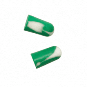 Green and white disposable earplug, uncorded