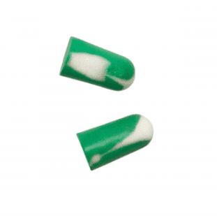 Green and white disposable earplug, uncorded