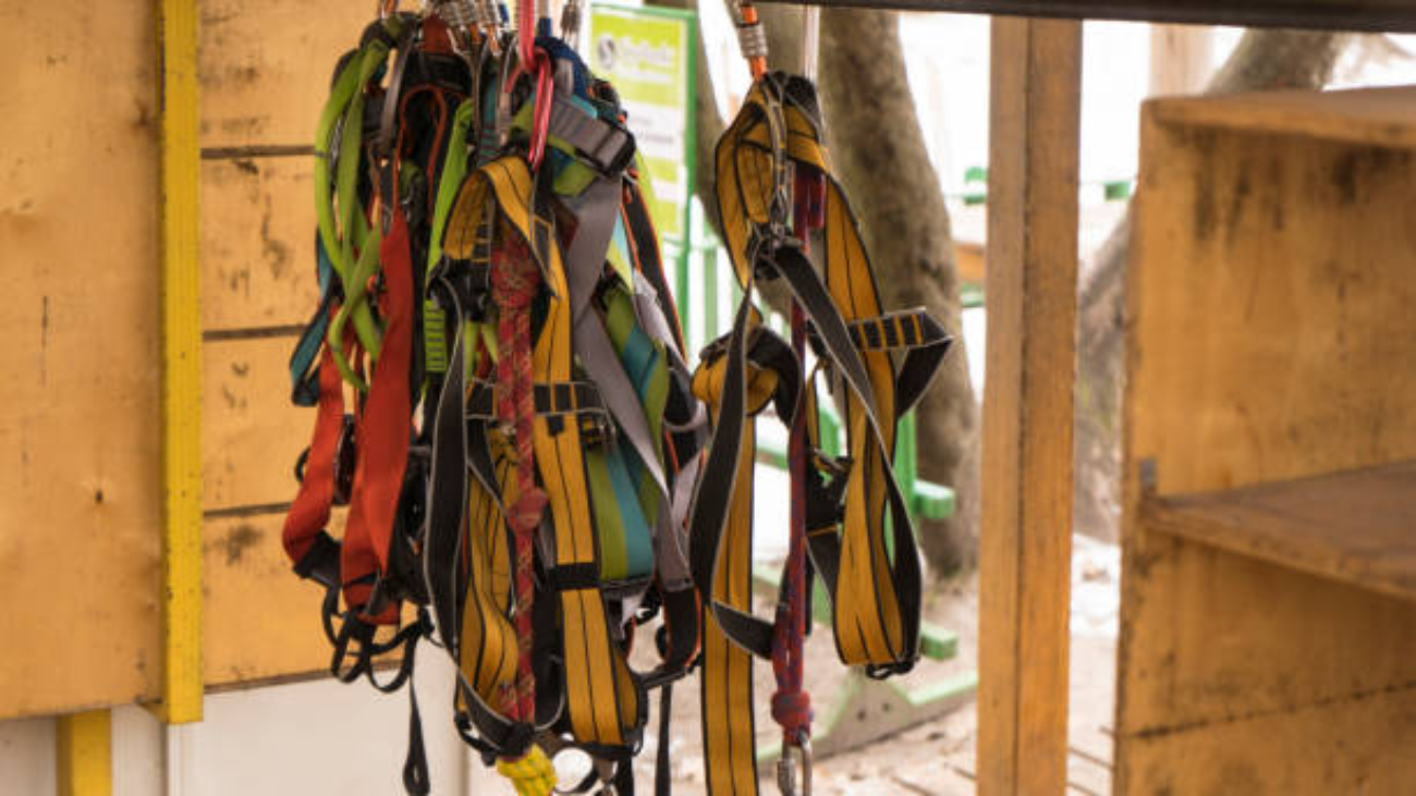 A bundle of fall protection hung up on a construction site