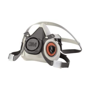 Half face respirator with dark, gray and orange accents.