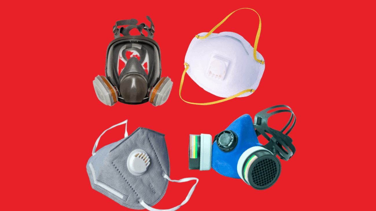 Different types of respiratory protection against a red background