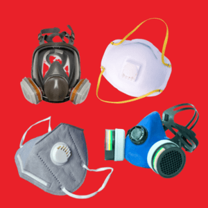 Different types of respiratory protection against a red background