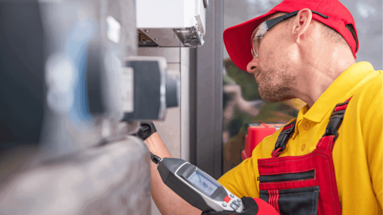 profile view of Man using gas monitor to detect gas in confined space