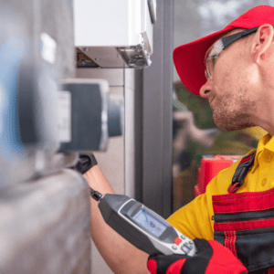 profile view of Man using gas monitor to detect gas in confined space