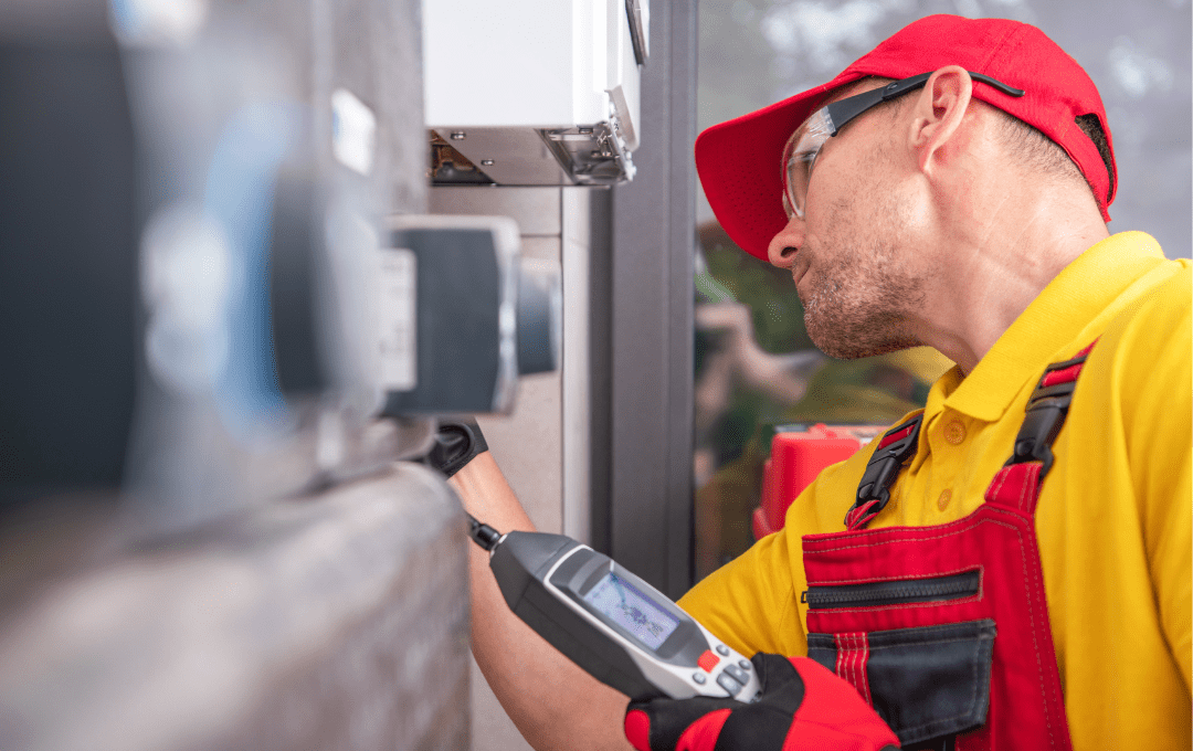 profile view of Man using gas monitor to detect gas in confined space