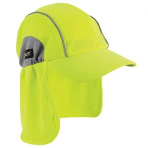 Download full-size image Front of hatBack of hatLightweight sun protection: Brim + wide panel shade for face, back-of-neck and ear protection against sun damage. 15.5in(39.4cm) x 7.5in(19.1cm). UPF 50+Moisture wicking: breathable Hi Cool performance fabric keeps wearers dry and comfortable. Image shows breathable fabric. Terry cloth sweatband: keeps sweat from dripping into eyes. Arrow points to fabric and says “Terry cloth”. Hi-vis color: keeps wearers safe and seenBack-of-hat cinch cord: adjustable cord for secure fit on a variety of head sizesIcon says machine washable Chill-Its 6650 High-Performance Cooling Hat and Neck Shade