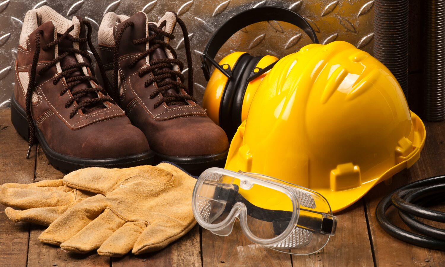 BOOTS, HARDHAT, GLOVES, GOOGLES AND EARMUFFS