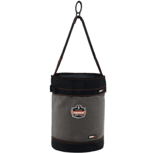 Media 4 of 6 Download full-size image Key Features PREVENTS DANGEROUS DROPS - Holds and protects up to 150lb // 68kg of tools and equipment needed at heights BUILT TO LAST - 24oz canvas, heavy-gauge nylon stitching and a reinforced synthetic leather base for rugged durability SECURE TOOL ANCHORING - Zinc-plated alloy steel D-rings provide a reliable tether point and support safe hoisting of tools up to 20lbs // 9kg RELIABLE TRANSPORT - Durable high-tensile strength web handle with leather reinforcement for easy and reliable hoisting and transport EASY ACCESS - Molded top ring maintains wide opening for easy viewing and access to tools ADDITIONAL STORAGE - One interior pocket for better organization on the job PROTECTS TOOLS - Patented nickel-plated storm drain keeps tools dry and prevents rust KEEPS TOOLS SECURE AT HEIGHTS - Included Arsenal 5938 Hoist Bucket Top prevents spills and drops DIMENSIONS - 12.5in DIA x 17in H // 32cm DIA x 43cm H IDEAL FOR - Construction, utilities, oil and gas and any work at heights where tools or equipment are required California Residents: read Proposition 65 warning. Arsenal 5960T Canvas Hoist Bucket and Top - D-Rings